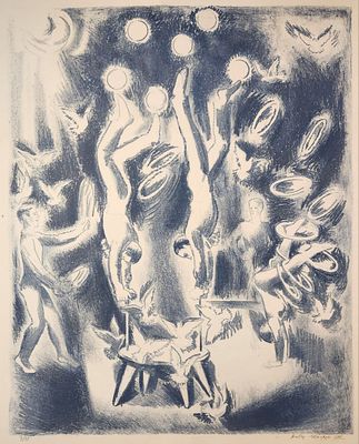 Виктор Шмохин - Из серии: Цирк-72. "Гимнасты с голубями". 1972 год. б./ цветная автолитография. 