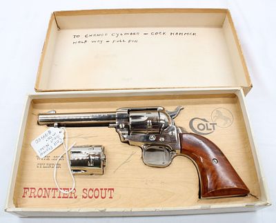 Colt Frontier Scout Convertible .22 LR/.22 Magnum Single Action Revolver, S/N 24744K, Nickel Finish