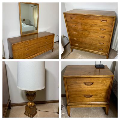 Mid Century Danish Modern Dressers, Nightstand and Lamp. Nightstand is 18" deep, 22" wide, 25" 