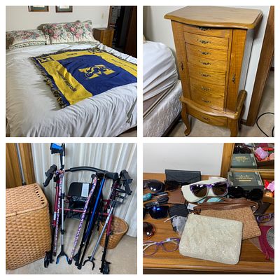 Jewelry Cabinet, Bed, Sunglasses, Prints, Walker and Canes. King size bed, Hamper, purses and 