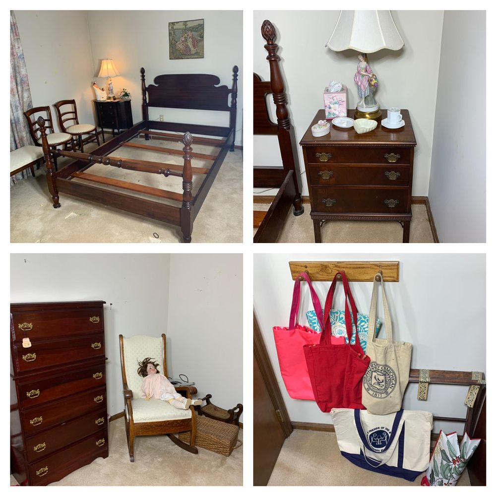 Bedroom Contents Lot: Bed, Dresser, Nightstands, Chairs, Doll, Lamps and More. Vintage C.M. 
