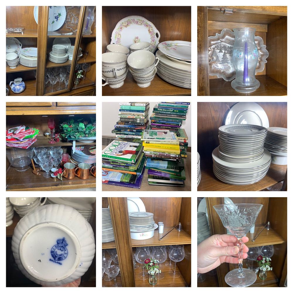 Contents of China Cabinet, Golf Books, More. Porcelain China, Wine Glasses and more. In-house 