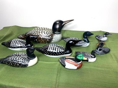 Group Lot of Duck Decoys. Most are signed or stickered by maker. In-house shipping available. 