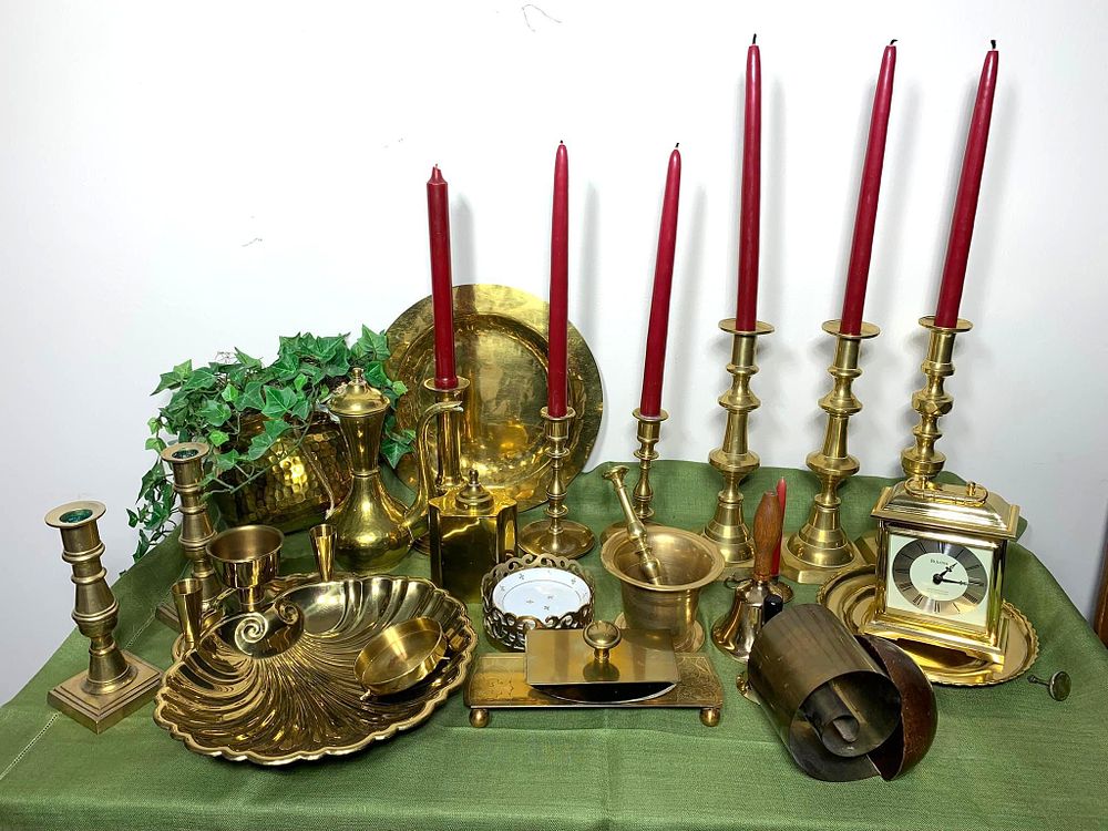 Group Lot of Brass Candlesticks, Clocks, Bookends and More. Fred Farr Revere Coil bookend 