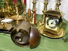 Group Lot of Brass Candlesticks, Clocks, Bookends and More. Fred Farr Revere Coil bookend Image - 9
