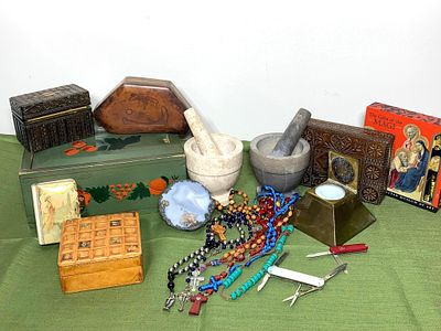 Group Lot of Nicer Vintage Items. Mortar and Pestles, Wood Boxes, Ink Well, Rosaries, Knives 