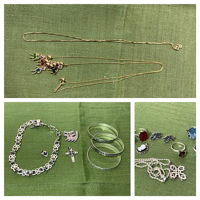 Group Lot of Vintage Jewelry Some 14K Gold and Sterling. Weights as shown on scale in grams. 