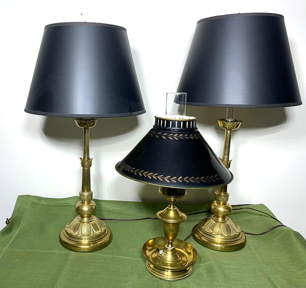 Three Brass Lamps With Black Shades, One Tole Painted. In-house shipping available. Pickup is 