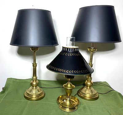 Three Brass Lamps With Black Shades, One Tole Painted. In-house shipping available. Pickup is 