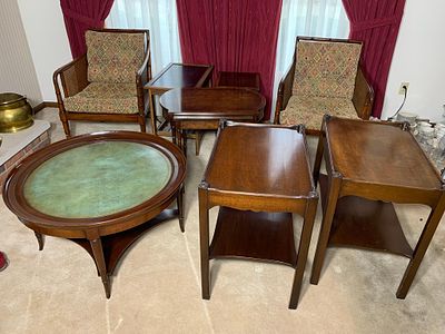 1970s Hollywood Regency Style Chairs and Tables. Round table is 34 inches in diameter. No 