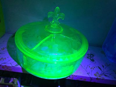 Fostoria Green Depression Glass Lidded Dish Uranium Glass. In-house shipping available. Pickup 