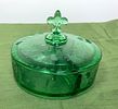 Fostoria Green Depression Glass Lidded Dish Uranium Glass. In-house shipping available. Pickup Image - 1