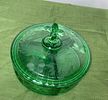 Fostoria Green Depression Glass Lidded Dish Uranium Glass. In-house shipping available. Pickup Image - 2