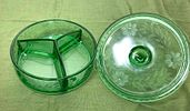Fostoria Green Depression Glass Lidded Dish Uranium Glass. In-house shipping available. Pickup Image - 3