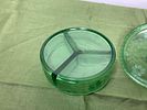 Fostoria Green Depression Glass Lidded Dish Uranium Glass. In-house shipping available. Pickup Image - 4