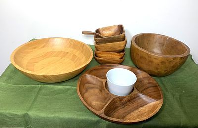 Vintage Wood Bowls and Divided Serving Tray. In-house shipping available. Pickup is Tuesday 
