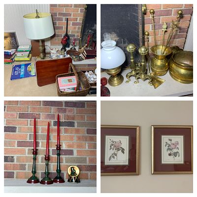 Large Group Lot of Vintage Items. Fireplace Brass Items, Candlesticks, Lamps, Art Prints, China 