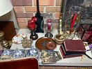 Large Group Lot of Vintage Items. Fireplace Brass Items, Candlesticks, Lamps, Art Prints, China Image - 1