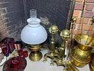 Large Group Lot of Vintage Items. Fireplace Brass Items, Candlesticks, Lamps, Art Prints, China Image - 15