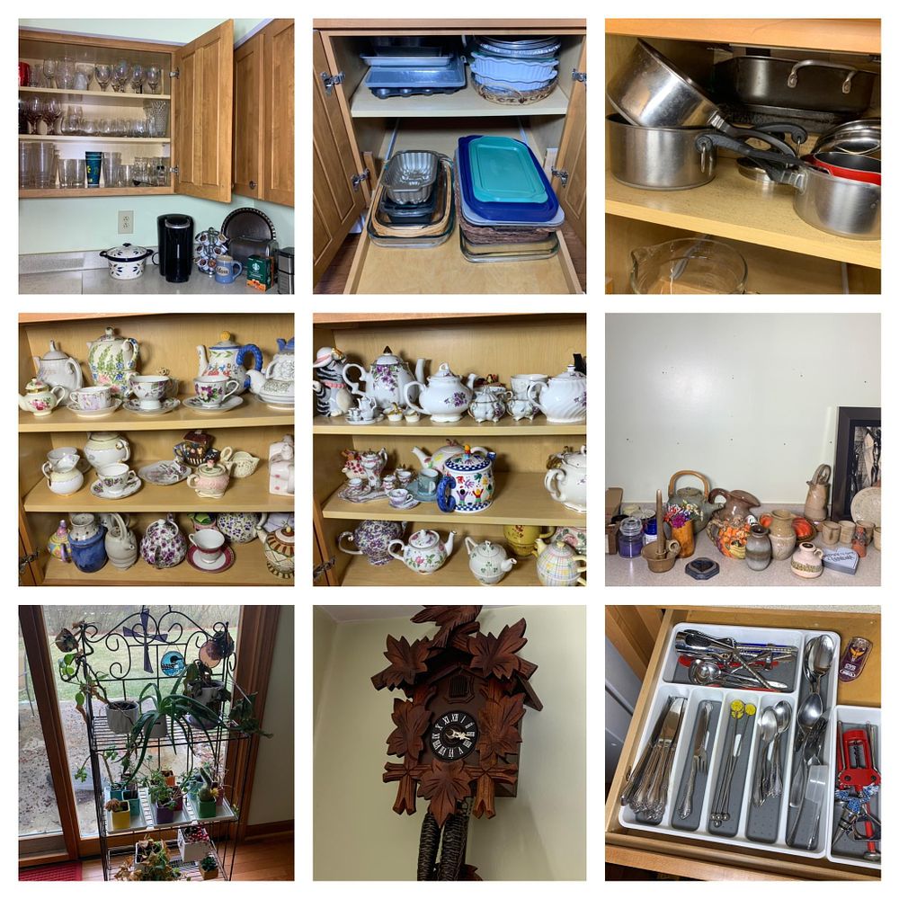 Large Group of Kitchen Contents, Tea Pots, and more Including Cuckoo Clock. Cabinets are full 