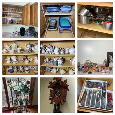 Large Group of Kitchen Contents, Tea Pots, and more Including Cuckoo Clock. Cabinets are full 