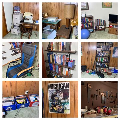 Total contents of Basement and Workshop. Many books, Vinyl Records, File Cabinets, Shelving 