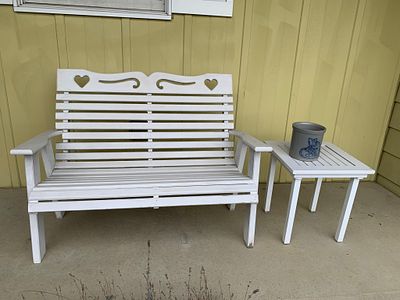 Vintage White Porch Bench, Table and Stoneware Crock. No shipping. No bring back. You must 