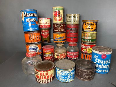 Lot 14567 Group Lot of Vintage Coffee Tins and Glass Jars One