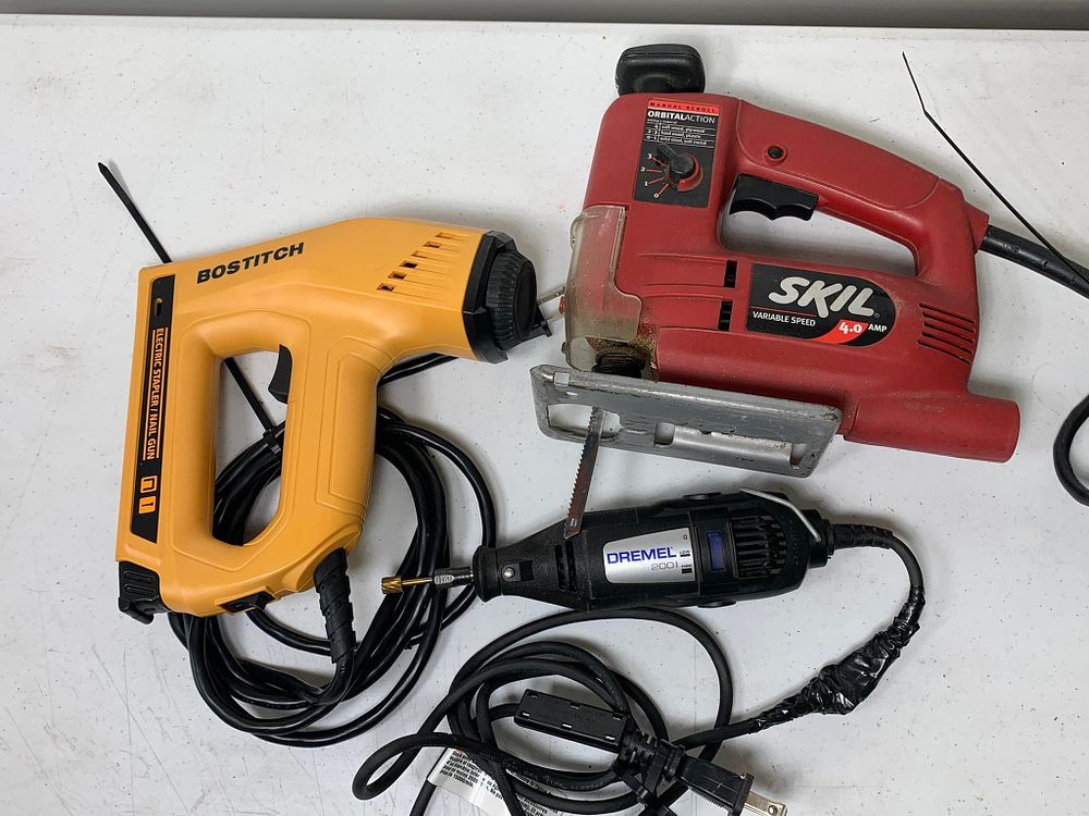Skil Power Jig Saw, Bostitch Power Stapler and a Dremel Tool. Burns in-house shipping is 