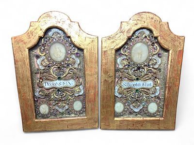 18th c. Ornate Framed Devotional Reliquaries - Saint Theophilus Martyr and S.M.V. This pair of 