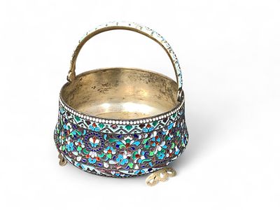Ornate Russian Multi-Colored Cloisonne Enamel Sugar Bowl w/Swing Handle 84 Silver. This 