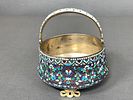 Ornate Russian Multi-Colored Cloisonne Enamel Sugar Bowl w/Swing Handle 84 Silver. This Image - 10
