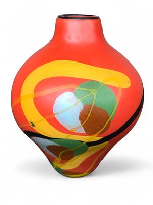 Art Glass Vase, Signed Ioan Nemtoi, Abstract Swirl Design, Vibrant Multi-Color. This is a 