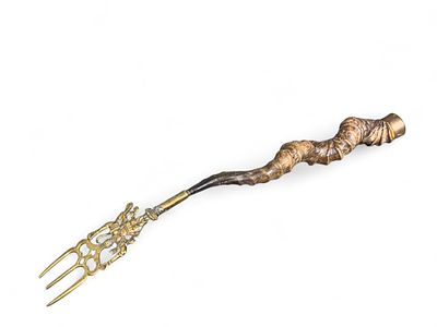 Ornate Brass Figural Trident-like Fork with Horn Handle. This item is an ornate ceremonial or 