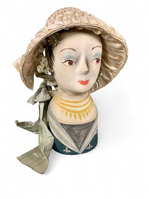 Vintage Cream Satin Bonnet Hat on Hand-Painted Mannequin Head - Ruffled Brim, Floral Accents. Thi 