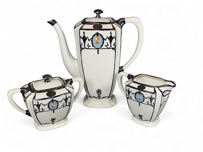 Belleek 3-Piece Tea/Coffee Set - Art Deco Inspired, Floral Accent, White with Blue/Black Trim. Th 