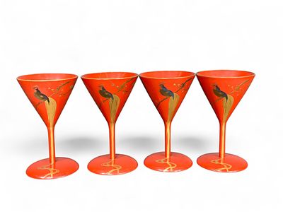 Red Lacquered Wood Meiji Japan Martini Glasses, Gold Bird & Branch Design, Set of 4. A set of 
