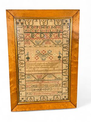 Antique Hand-stitched Needlework Sampler - Alphabet, Verse, Dated 1813, Multi-color Embroidery. T 