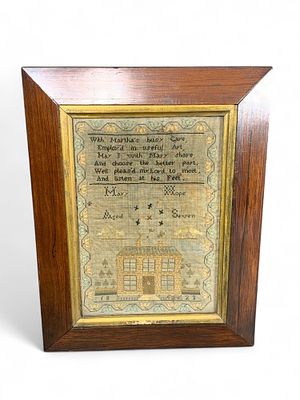 Antique Cross Stitch Sampler - Dated 1823, Signed Mary Hope Aged Seven, House Motif, Religious Verse