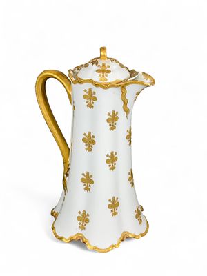 Haviland & Co. Antique Limoges Coffee Pot - 1873, Fleur-de-Lis Pattern, White with Gold Trim. Thi 