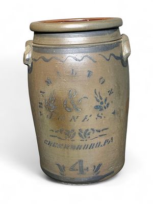 Hamilton & Jones 4 Gallon Cobalt Decorated Two-Handled Stoneware Crock, Brown/Tan. This is an 