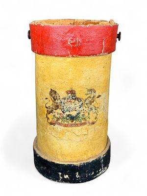 Antique Royal British Fire Bucket - Royal Arms of UK Motto, Yellow Red Black. This is a vintage 