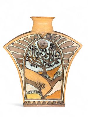 Wurst Ceramic Art Pottery Vase - Arched Sun/Moon Face Tree Design, Handmade, Dated 1974. This is 