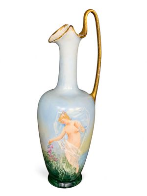 Decorative Porcelain Ewer - Hand-painted Classical Figure, Gilt Handle and Rim, Light Blue. This 
