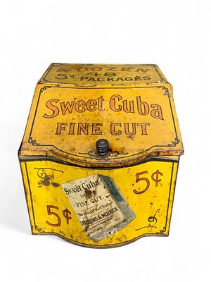 Spaulding & Merrick Sweet Cuba Fine Cut Tobacco Display Tin - Vintage Yellow Countertop Dispenser. 