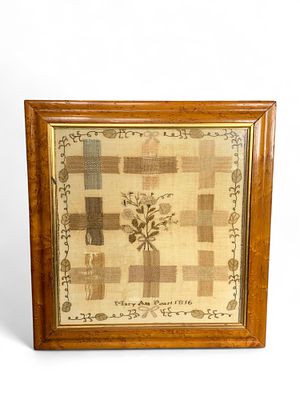 Mary Ann Pearl 1816 Darning Sampler - Framed Cross Stitch Floral Embroidery. This is an antique 