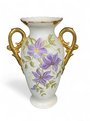 R.S. Prussia Antique Porcelain Vase - Gold Handles, Purple Clematis Floral Decor, Dated 1893. Thi 