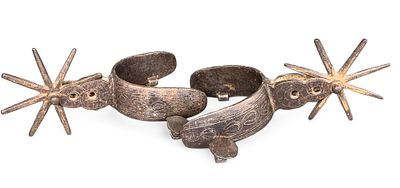 Vintage Western Cowboy Spurs - Engraved Dark Metal, Multi-Point Rowels, Pair. This lot features 