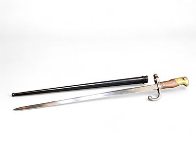 Antique Military Bayonet with Scabbard, Steel Blade, Wooden Grip, Curved Quillon. This listing 