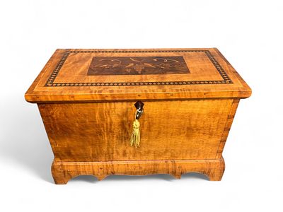 Harry Sheley Inlaid Wooden Box - Grapevine Design, Geometric Border, Key & Tassel - Brown/Natural. 